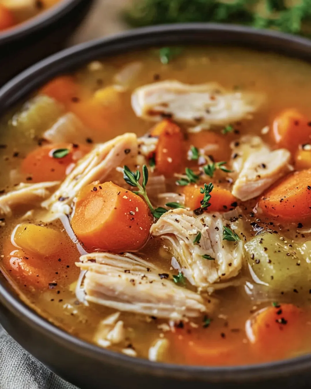 Fresh ingredients for Slow Cooker Turkey Vegetable Soup, including turkey, carrots, celery, and thyme.
