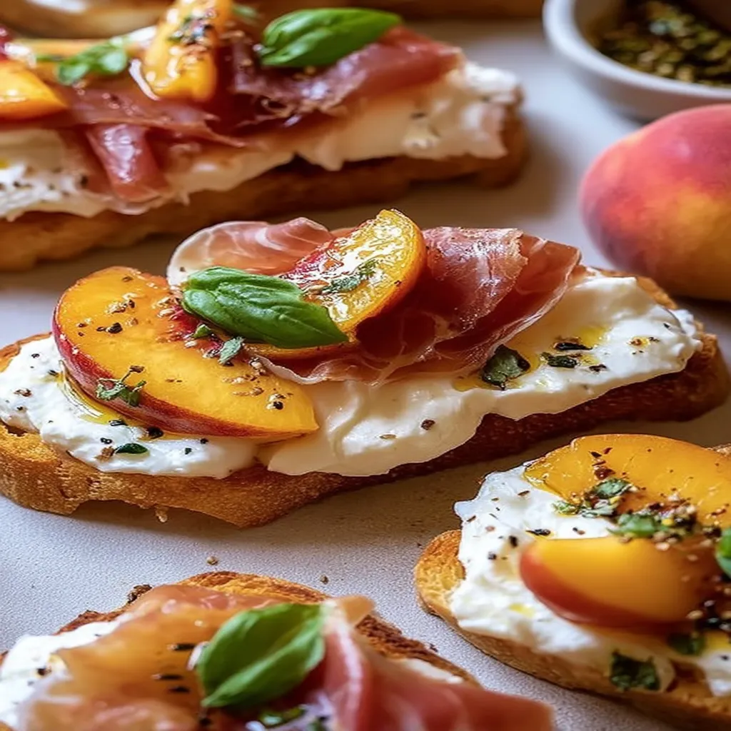 Cheesy Burrata Crostini, Prosciutto, Peaches, Savory, Creamy, Fresh