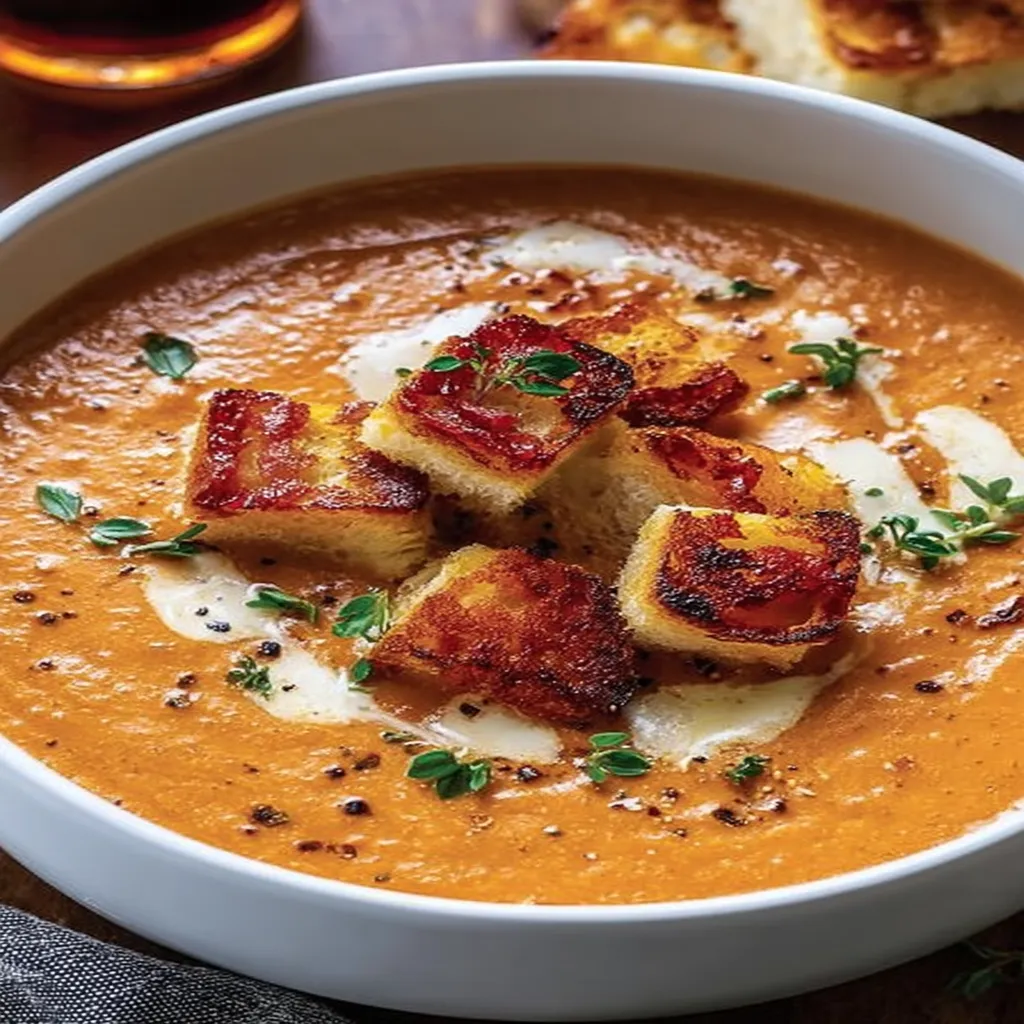 Creamy tomato bisque, grilled cheese croutons, savory, comforting, flavorful