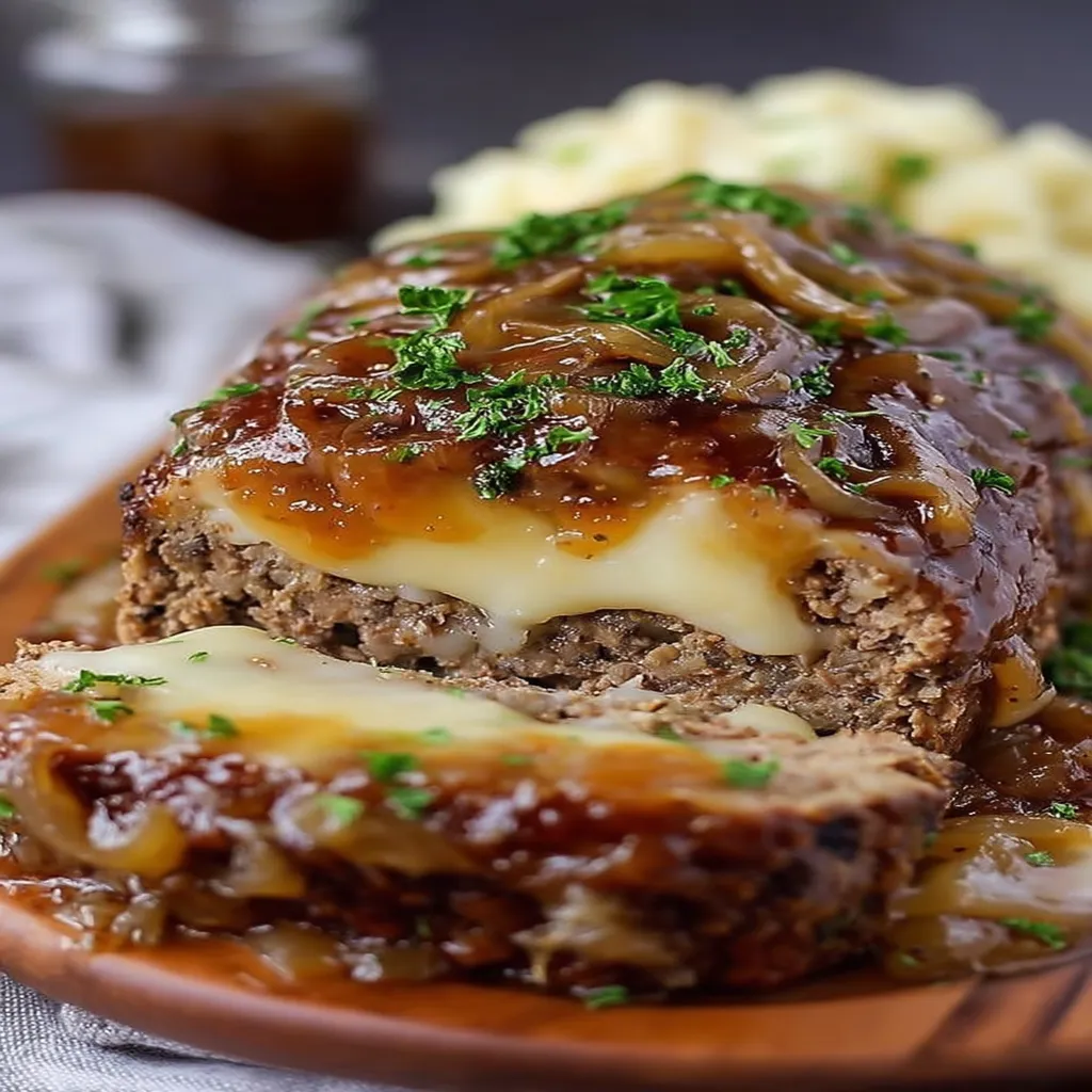 Crockpot French Onion Meatloaf and Melted Swiss Cheese