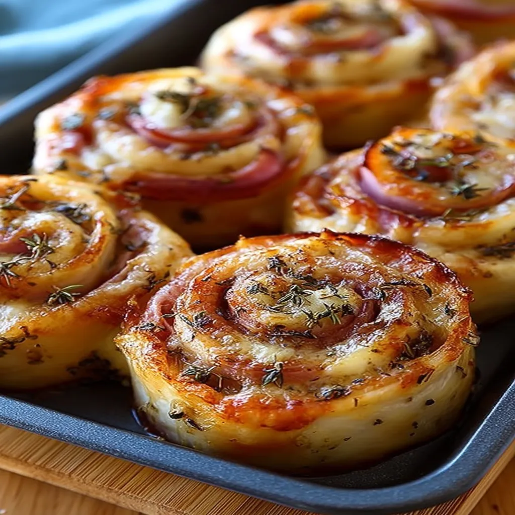 ham and cheese pinwheels, savory, golden-brown, flaky pastry, gooey cheese
