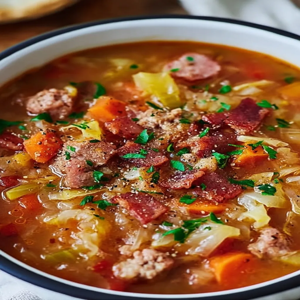 Hearty Sausage, Bacon, and Cabbage Soup