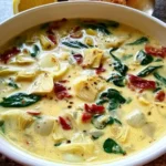 lemon Tuscan artichoke soup, savory, creamy, zesty, comforting, flavorful