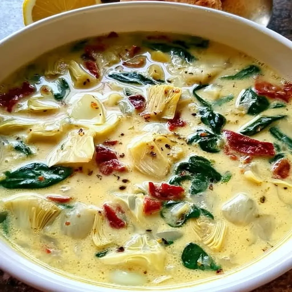 lemon Tuscan artichoke soup, savory, creamy, zesty, comforting, flavorful