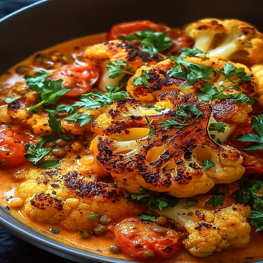 Roasted Cauliflower in Coconut Tomato Sauce with Lentils