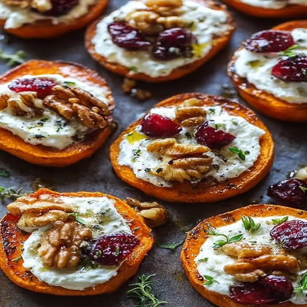 Roasted Sweet Potato Rounds with Herbed Ricotta, Walnuts, and Cranberries