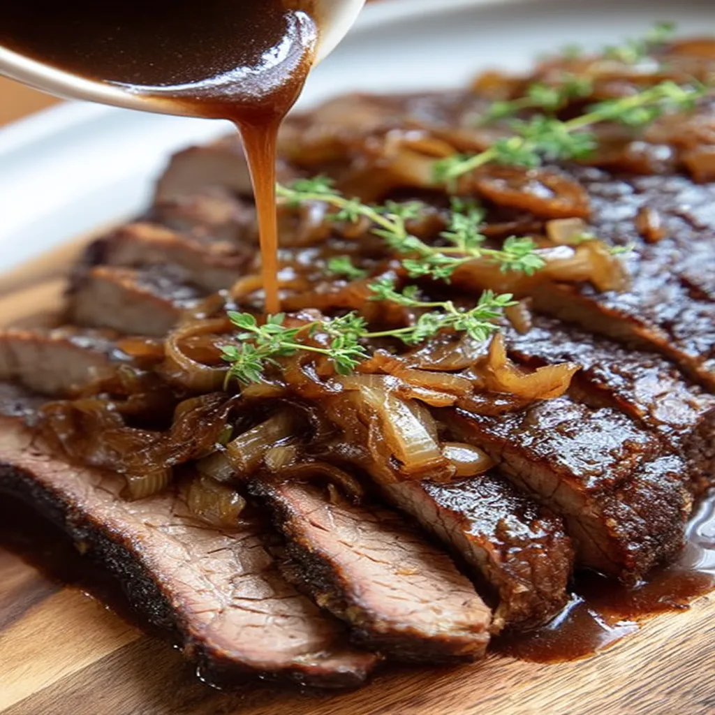 slow cooker brisket, balsamic onion gravy, tender meat, savory, flavorful, juicy, aromatic herbs
