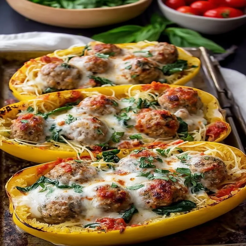 Spaghetti Squash Boats with Turkey Meatballs