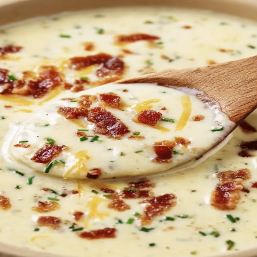baked potato soup, creamy, hearty, comforting, bacon, chives, delicious