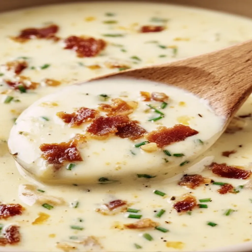 baked potato soup, creamy, hearty, comforting, bacon, chives, delicious