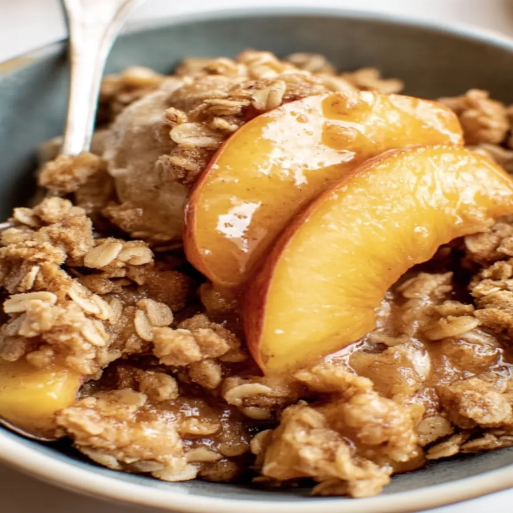peach crisp, delicious dessert, golden brown topping, juicy peaches, sweet and crunchy
