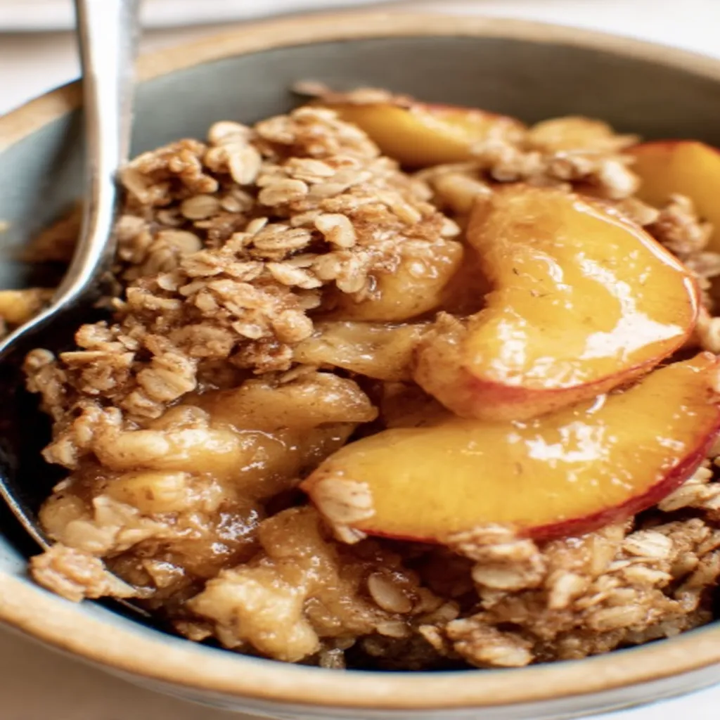 peach crisp, delicious dessert, golden brown topping, juicy peaches, sweet and crunchy