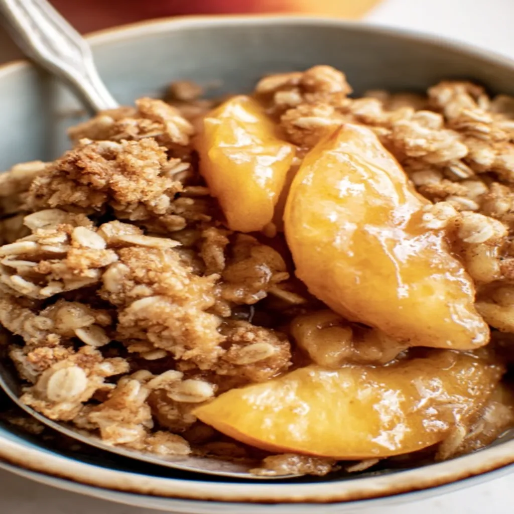 peach crisp, delicious dessert, golden brown topping, juicy peaches, sweet and crunchy