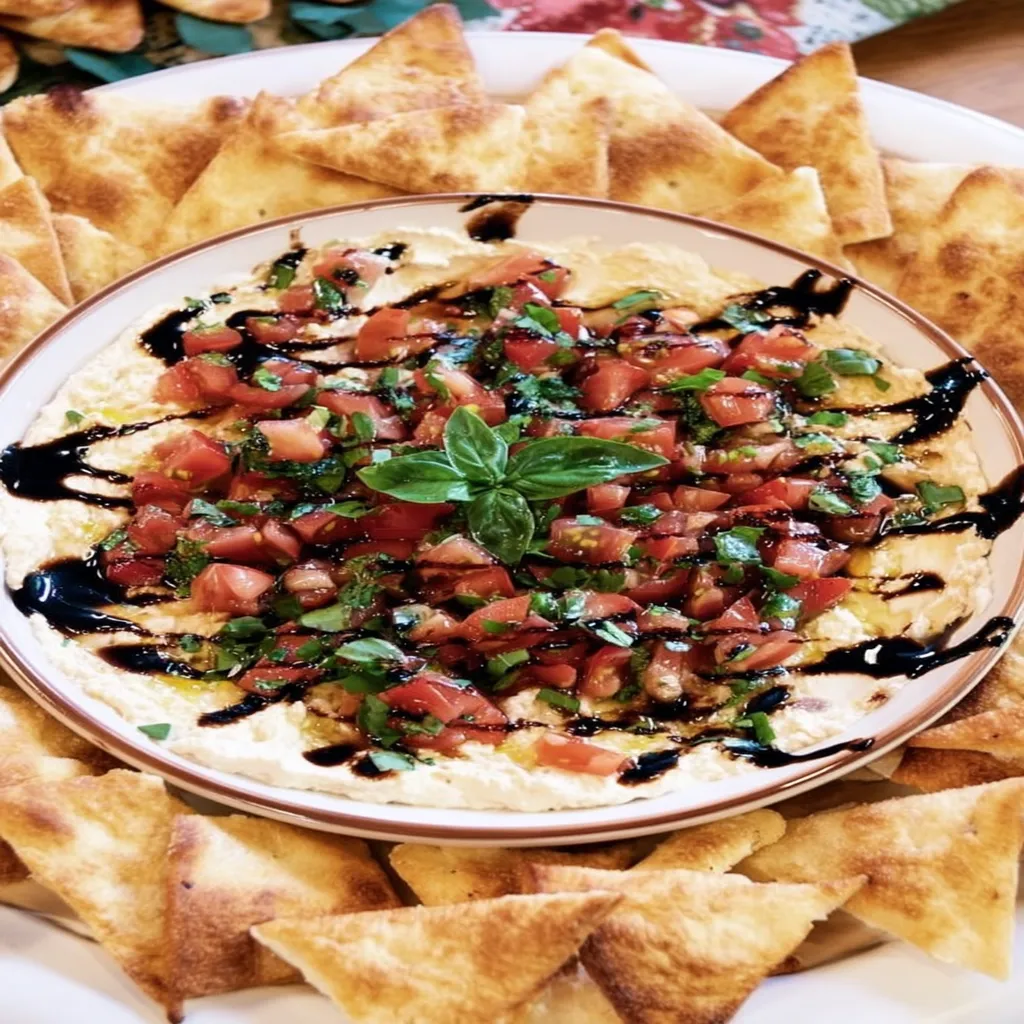 bruschetta dip, savory appetizer, tangy tomatoes, crispy bread, flavorful herbs