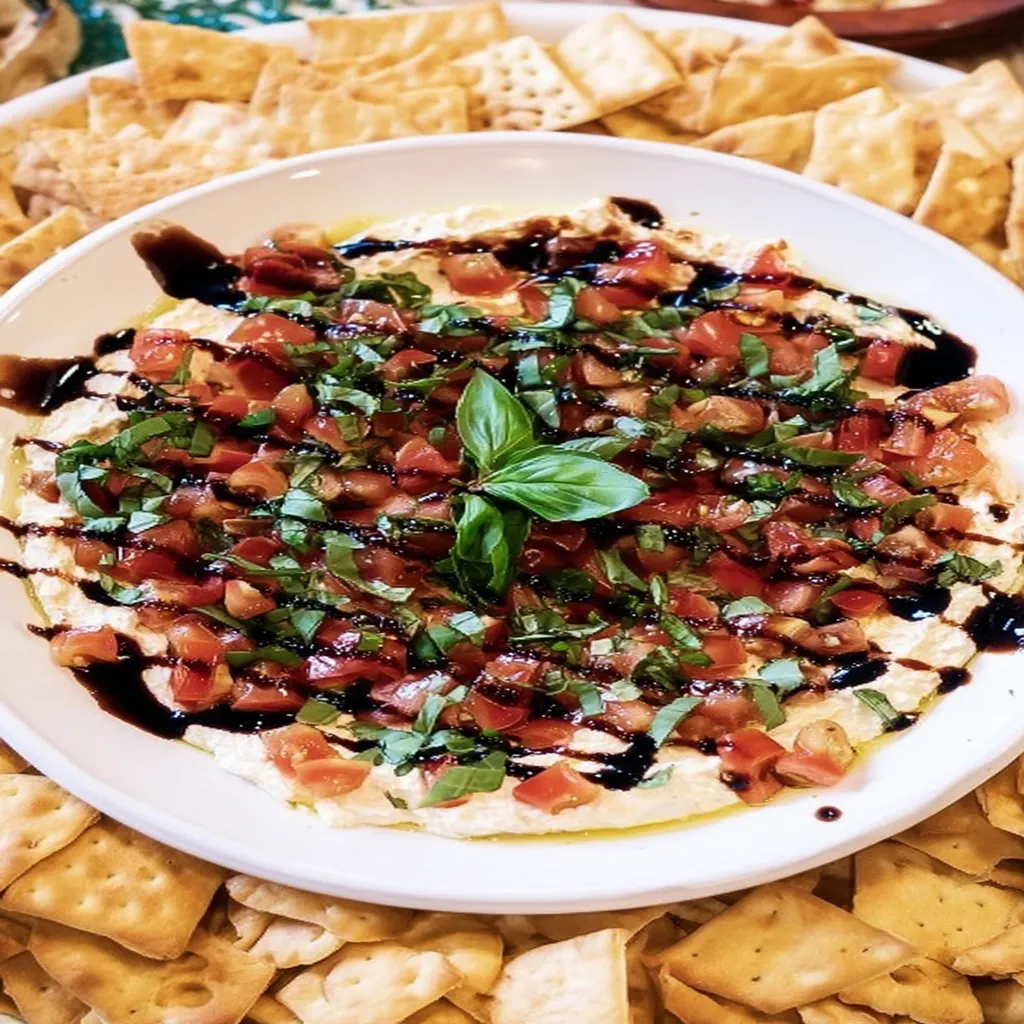 bruschetta dip, savory appetizer, tangy tomatoes, crispy bread, flavorful herbs