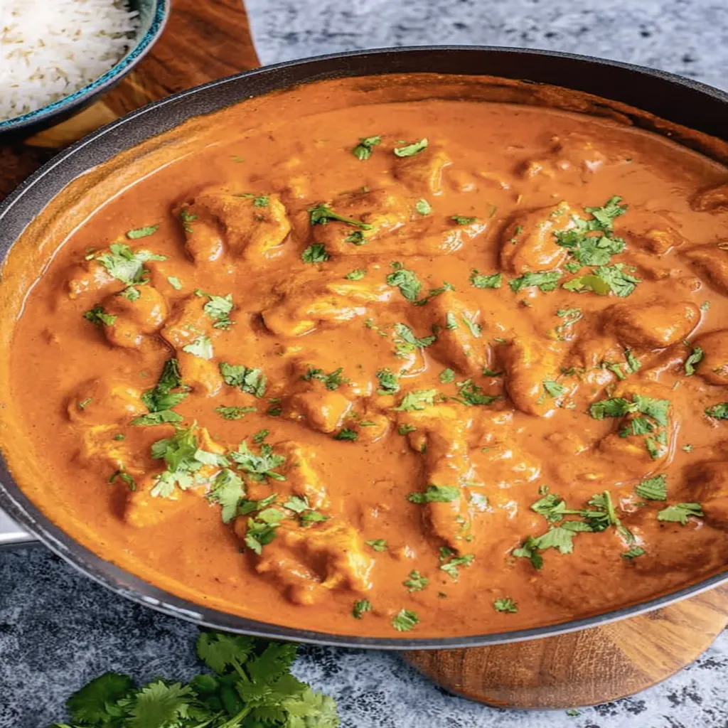 butter chicken, aromatic Indian dish, creamy tomato sauce, flavorful spices, tender chicken, savory and rich flavor