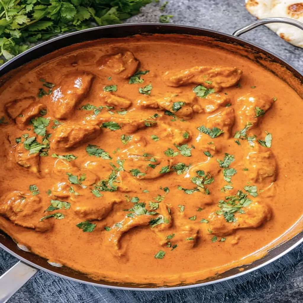 butter chicken, aromatic Indian dish, creamy tomato sauce, flavorful spices, tender chicken, savory and rich flavor