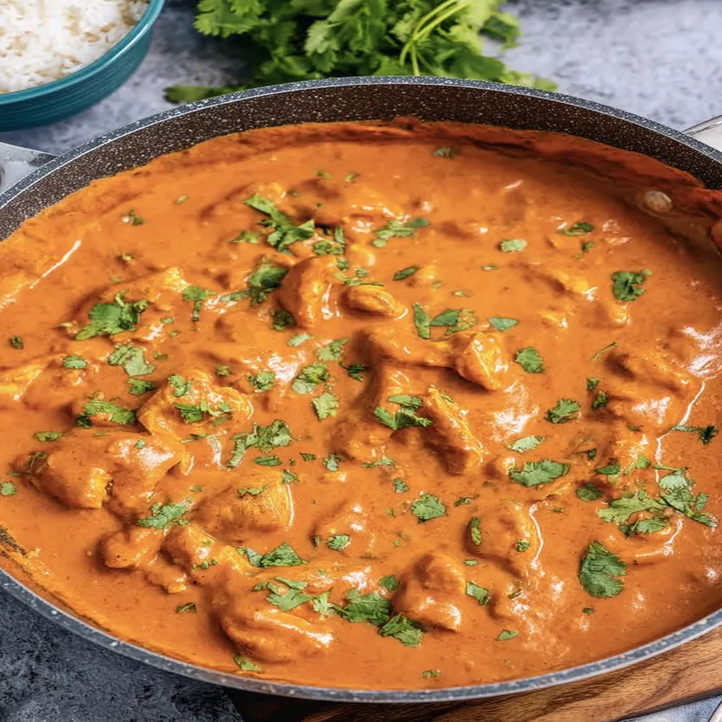 butter chicken, aromatic Indian dish, creamy tomato sauce, flavorful spices, tender chicken, savory and rich flavor