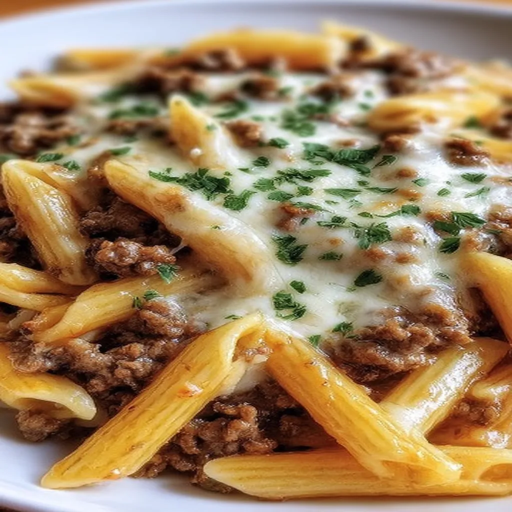 cheesy penne, garlic butter, ground beef, savory, delicious, hearty, comforting