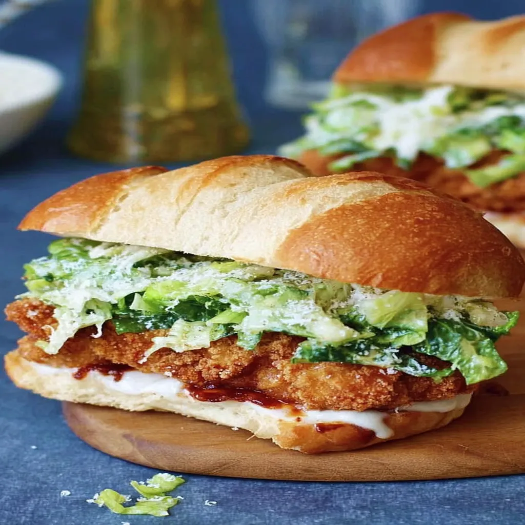crispy chicken, caesar sandwich, savory, flavorful, satisfying, crunchy, grilled, delicious