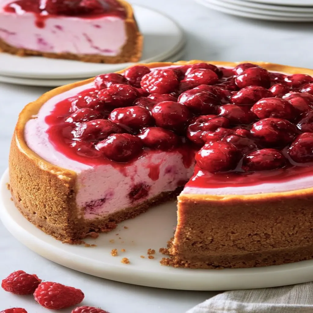easy baked raspberry cheesecake, creamy, decadent, sweet, tangy, dessert, homemade