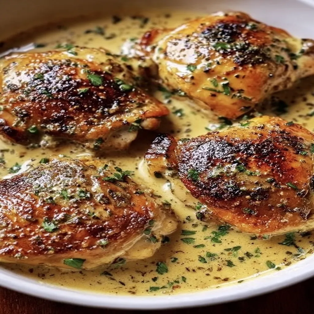 Bobby Flay, chicken thighs, creamy garlic sauce, flavorful, juicy, savory