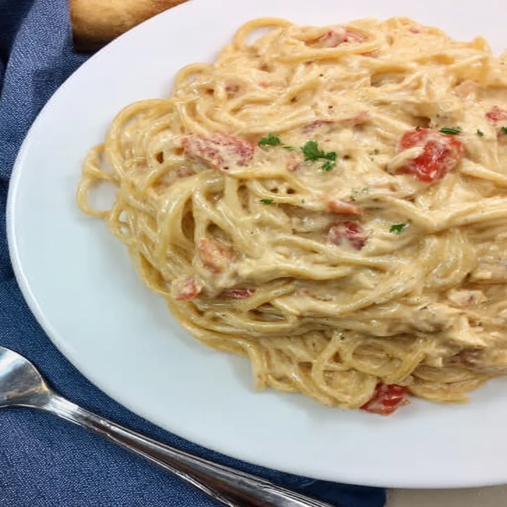 Easy Rotel Chicken Spaghetti, creamy, cheesy, spicy, comfort food, delicious