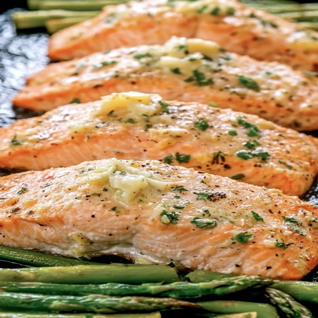 Garlic butter baked salmon, savory, flavorful, succulent, aromatic, delicious