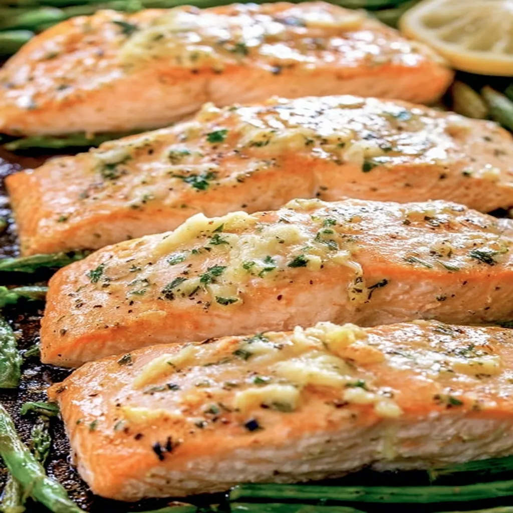Garlic butter baked salmon, savory, flavorful, succulent, aromatic, delicious