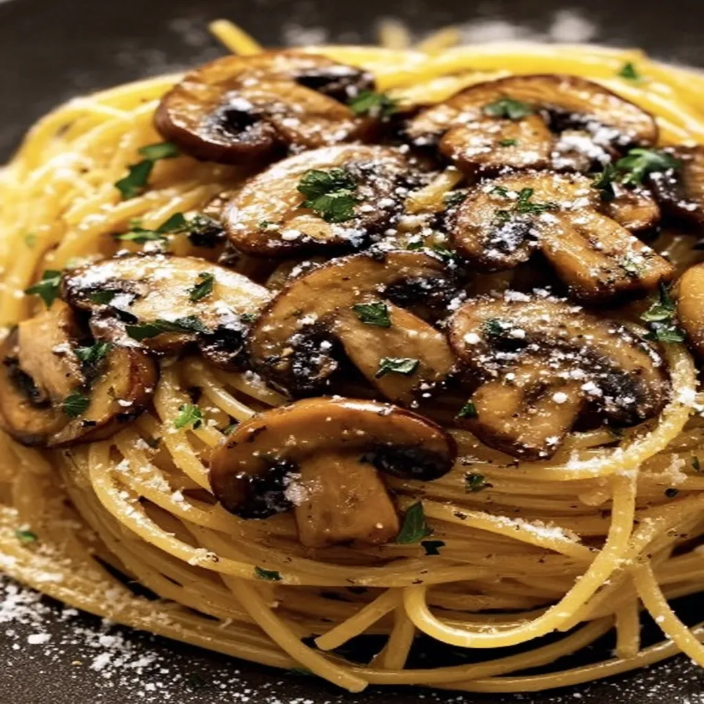 garlic butter, mushroom pasta, savory, aromatic, creamy sauce, flavorful, delicious
