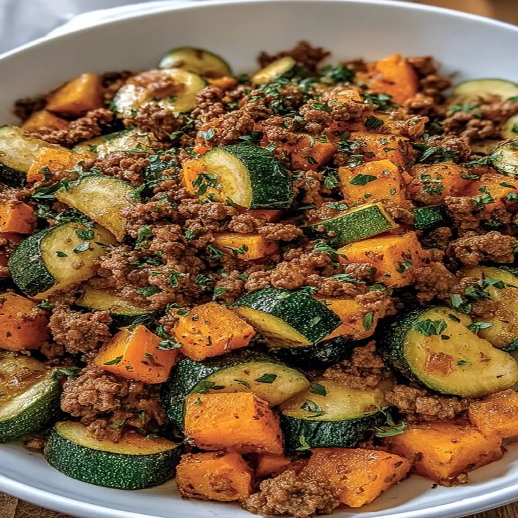 ground beef, zucchini, sweet potato, skillet, savory, hearty, flavorful, nutritious