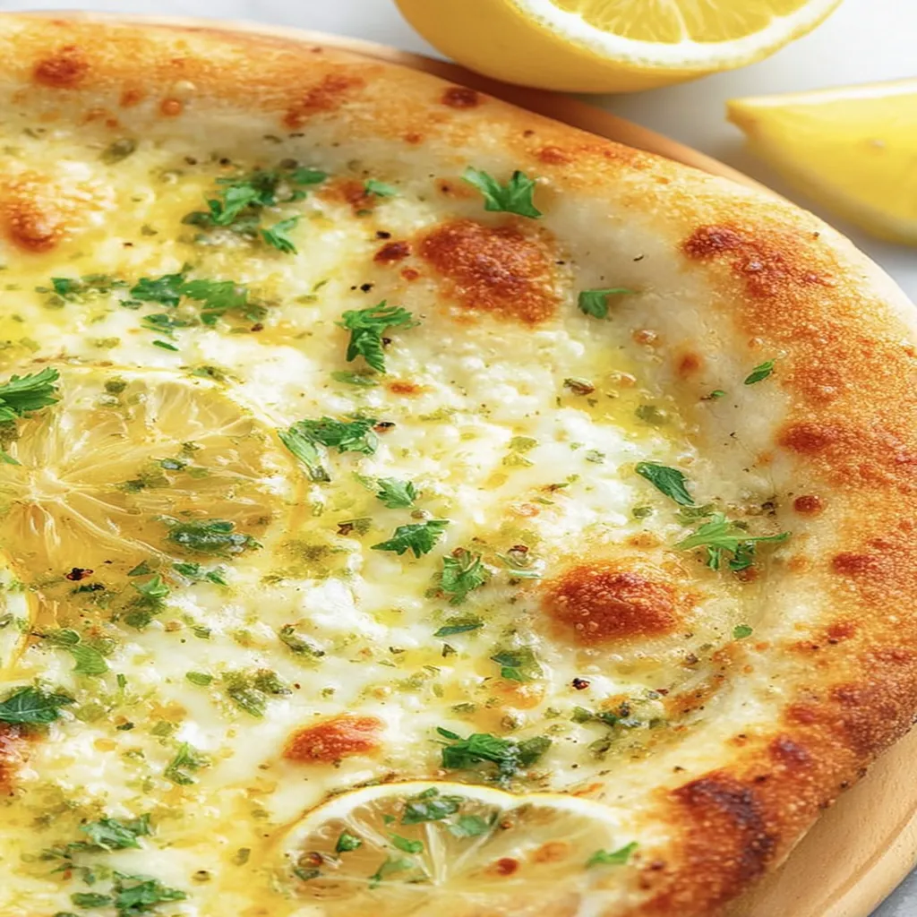lemon pizza, zesty citrus, savory cheese, crispy crust, refreshing herbs