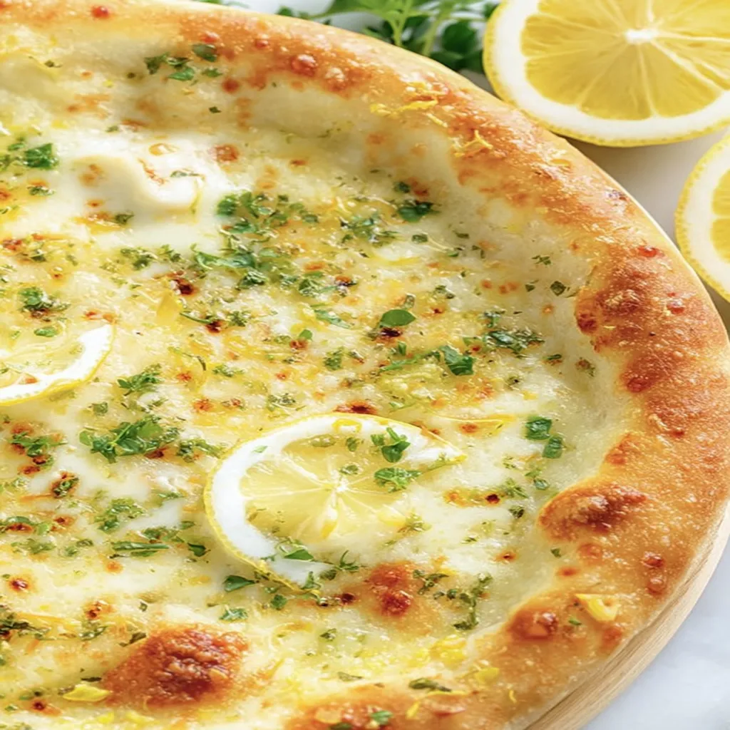 lemon pizza, zesty citrus, savory cheese, crispy crust, refreshing herbs