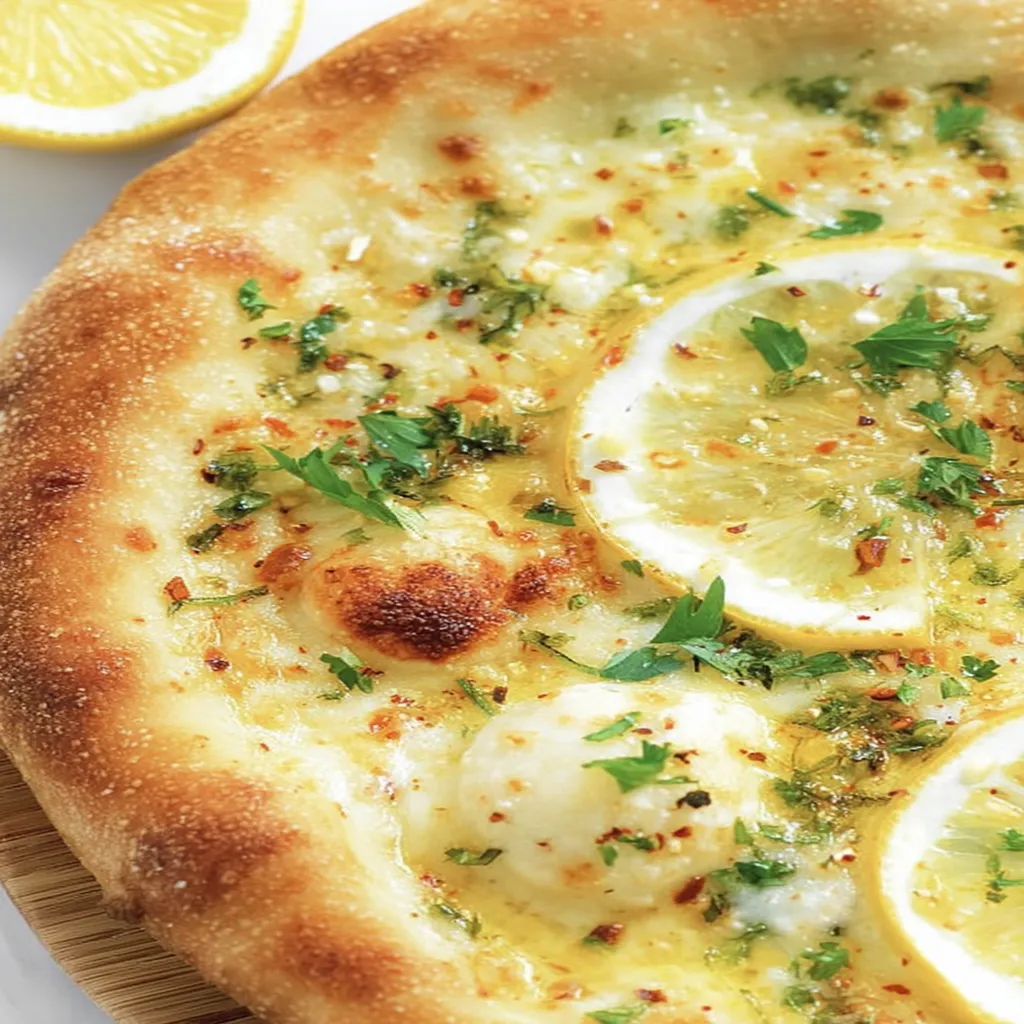 lemon pizza, zesty citrus, savory cheese, crispy crust, refreshing herbs