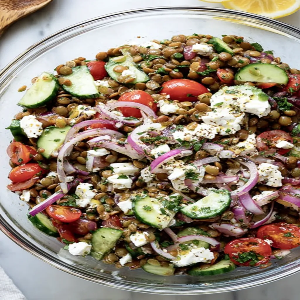 Mediterranean, lentil salad, fresh, colorful, nutritious, flavorful, vibrant dressing