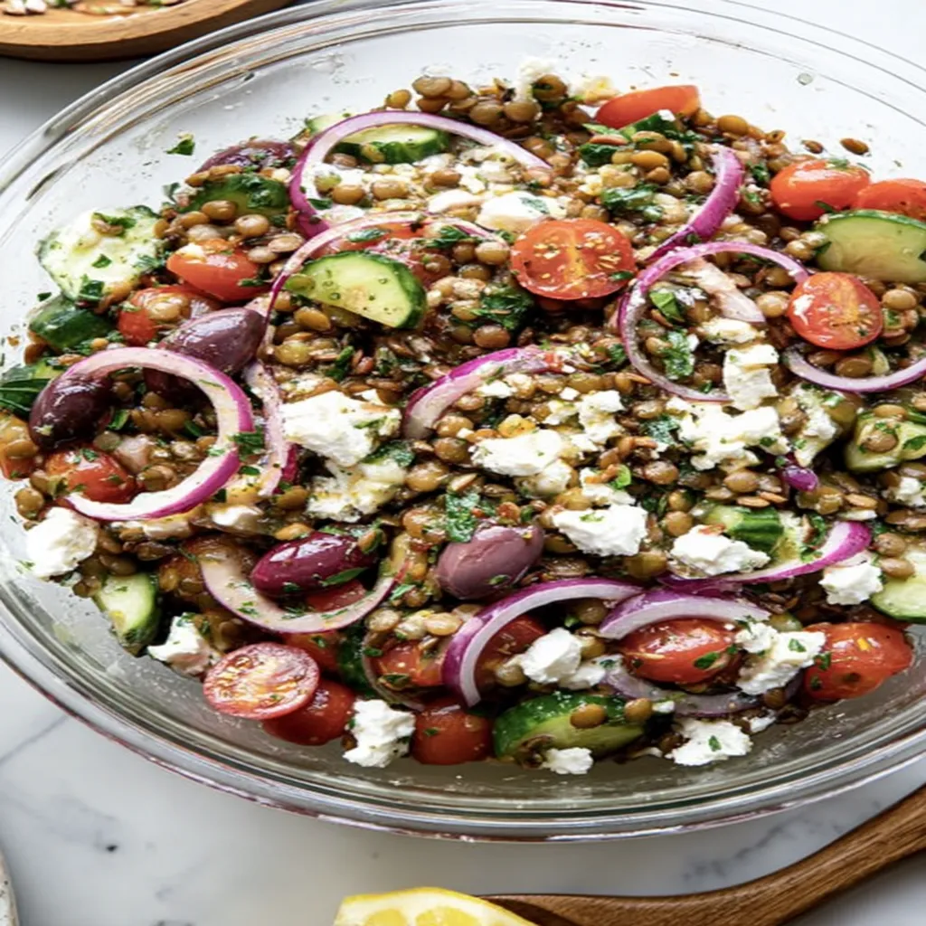 Mediterranean, lentil salad, fresh, colorful, nutritious, flavorful, vibrant dressing