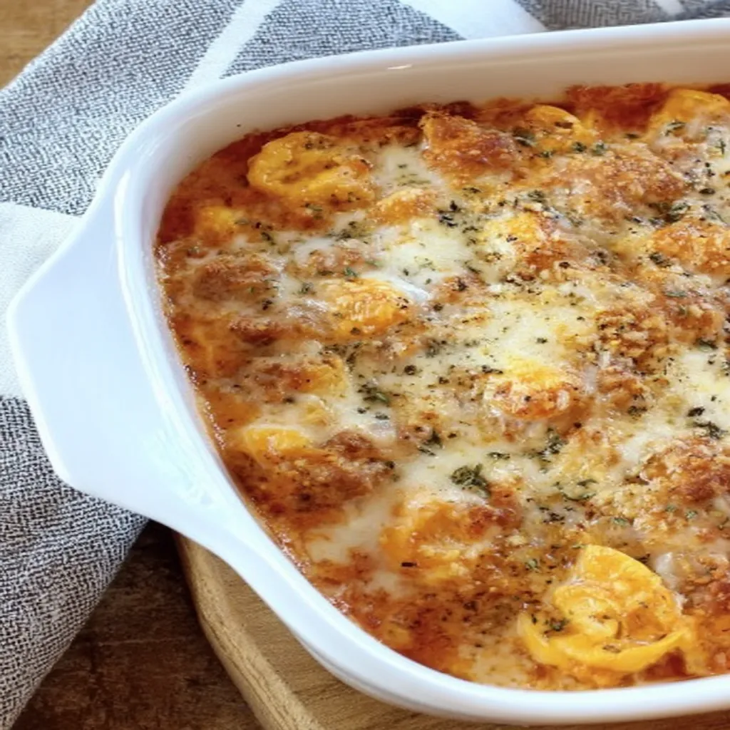 Million Dollar Baked Tortellini Casserole, cheesy, savory, golden brown, decadent, creamy, flavorful