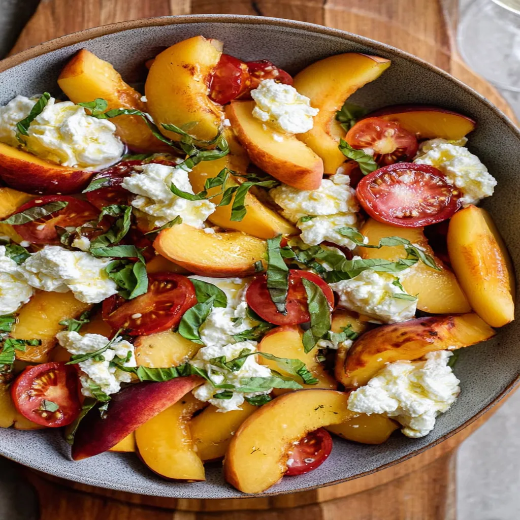 peach burrata salad, champagne vinaigrette, fresh, colorful, creamy, refreshing, appetizing