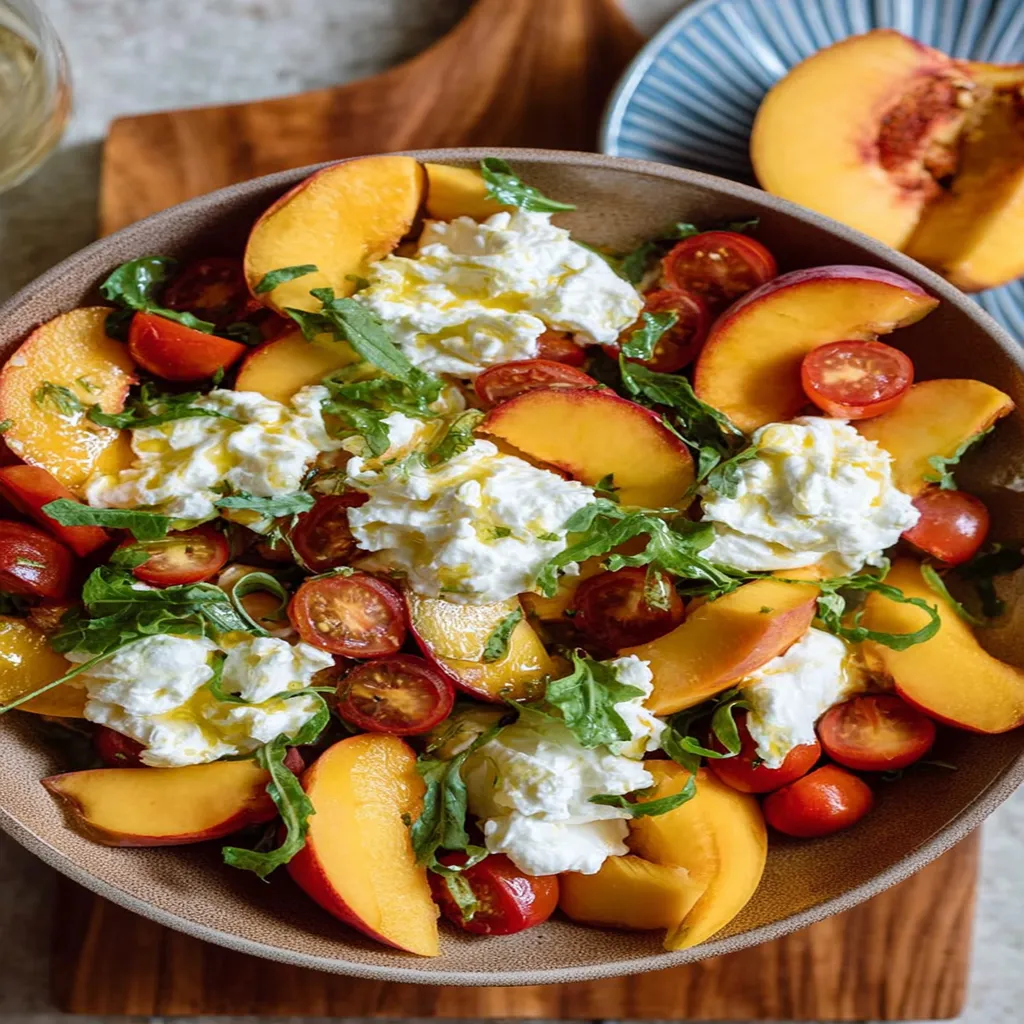 peach burrata salad, champagne vinaigrette, fresh, colorful, creamy, refreshing, appetizing