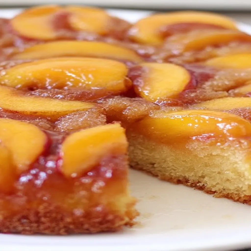 peach upside-down cake recipe, sweet, juicy peaches, caramelized topping, delicious dessert
