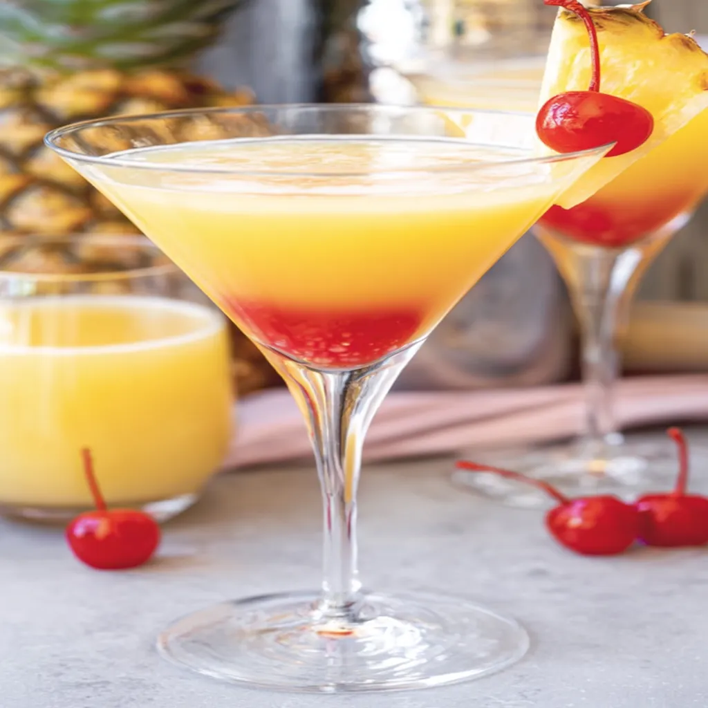 Pineapple upside down martini, tropical drink, refreshing, fruity, cocktail, vibrant colors
