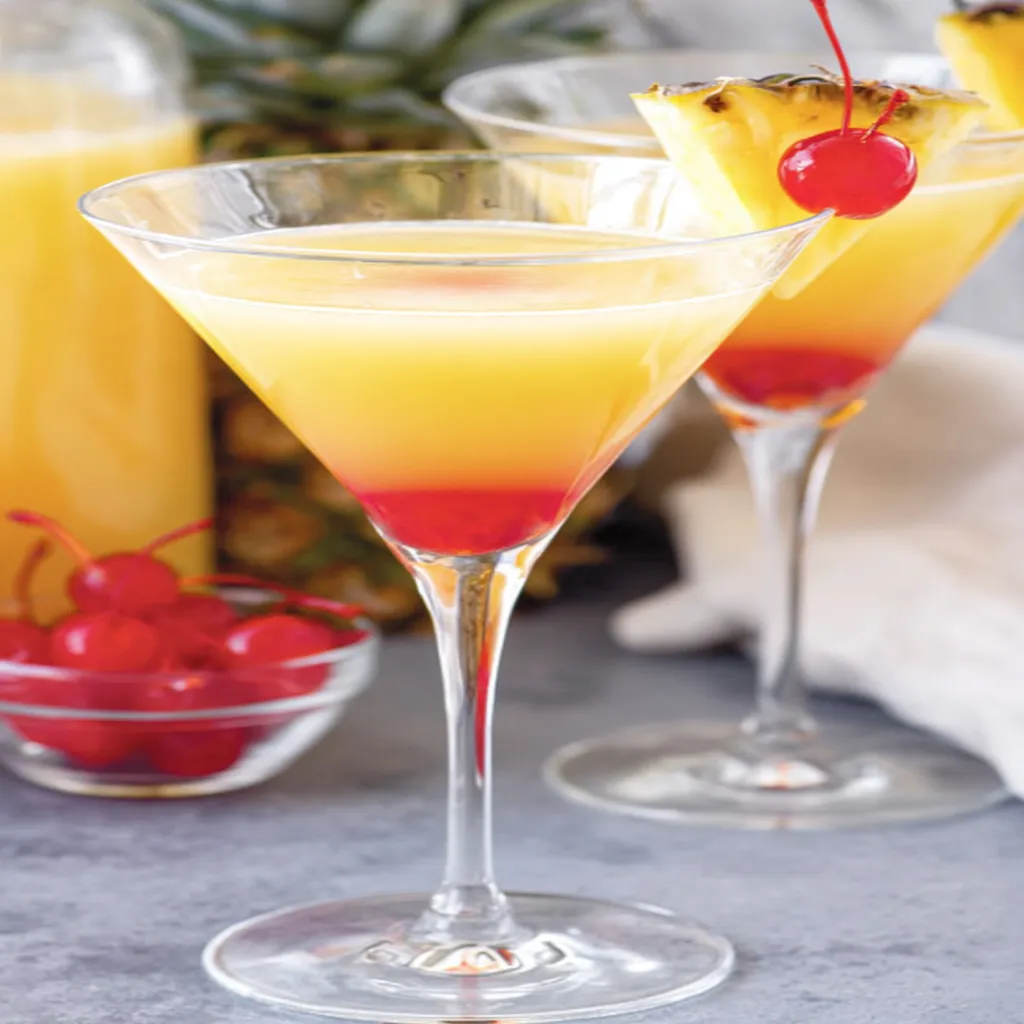 Pineapple upside down martini, tropical drink, refreshing, fruity, cocktail, vibrant colors