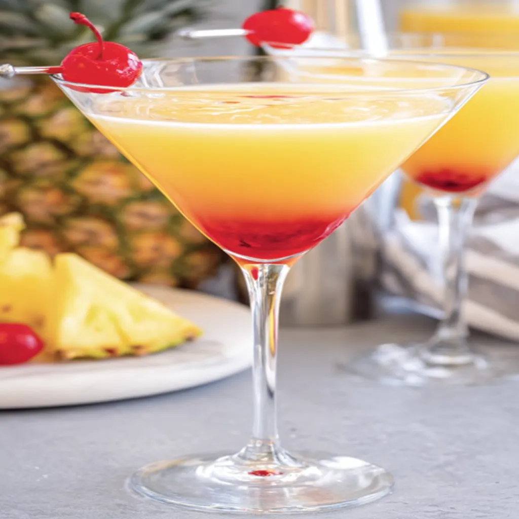 Pineapple upside down martini, tropical drink, refreshing, fruity, cocktail, vibrant colors
