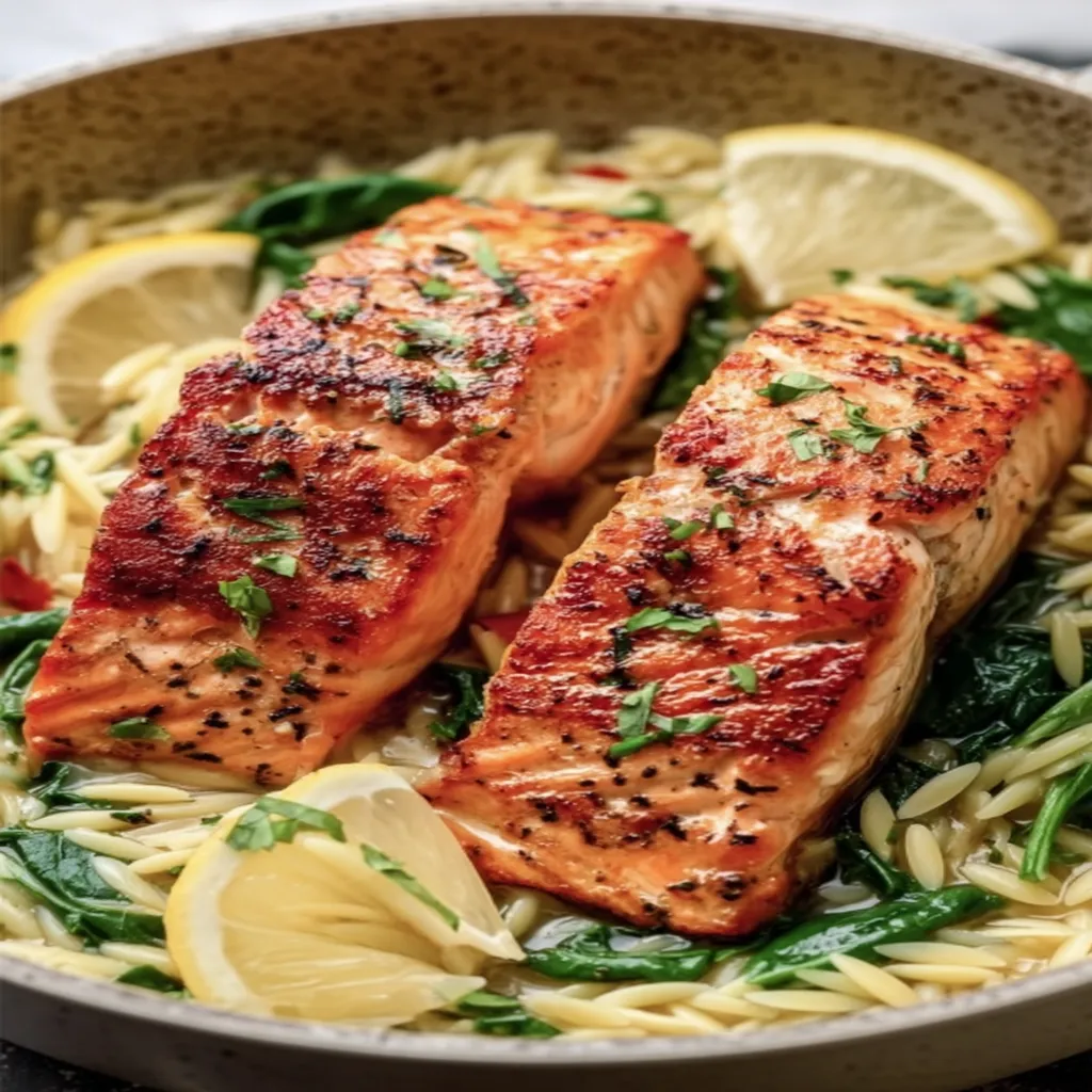 seared salmon, lemon orzo, flavorful, golden crust, zesty, savory dish