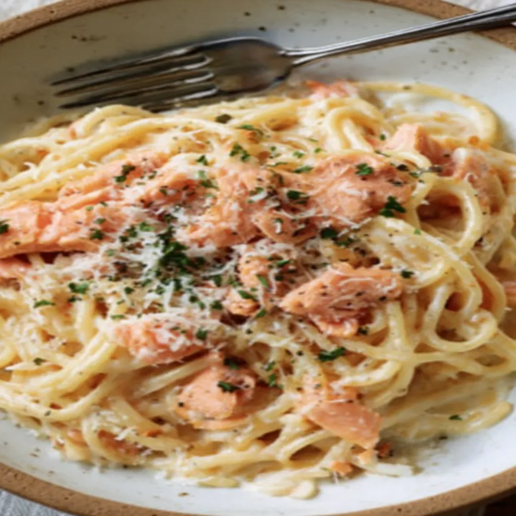 smoked salmon carbonara, creamy pasta, savory seafood, flavorful dish