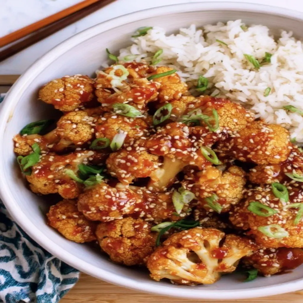 sticky sesame cauliflower, crispy, savory, Asian-inspired, delicious, vegetarian, plant-based, appetizing