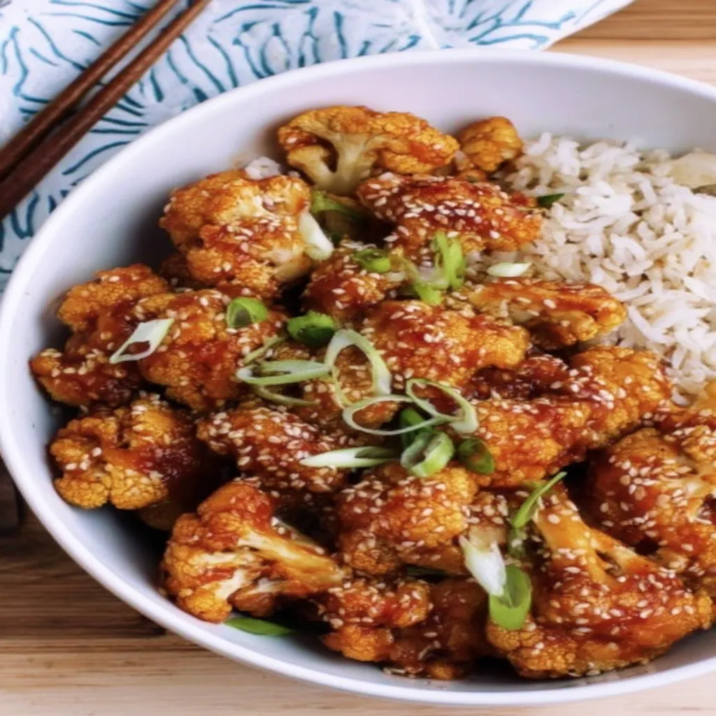 sticky sesame cauliflower, crispy, savory, Asian-inspired, delicious, vegetarian, plant-based, appetizing