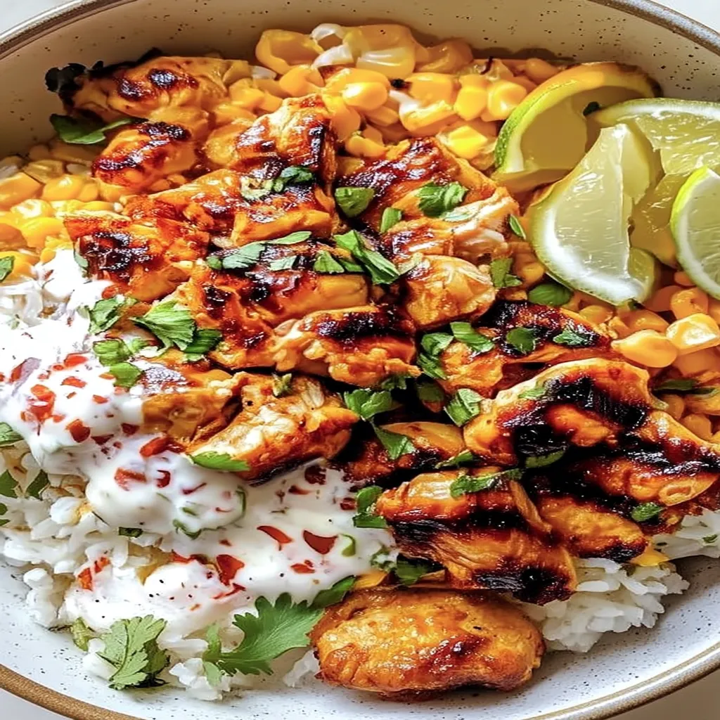 Street Corn Chicken Rice Bowl, savory, grilled corn, flavorful chicken, aromatic spices, wholesome, delicious