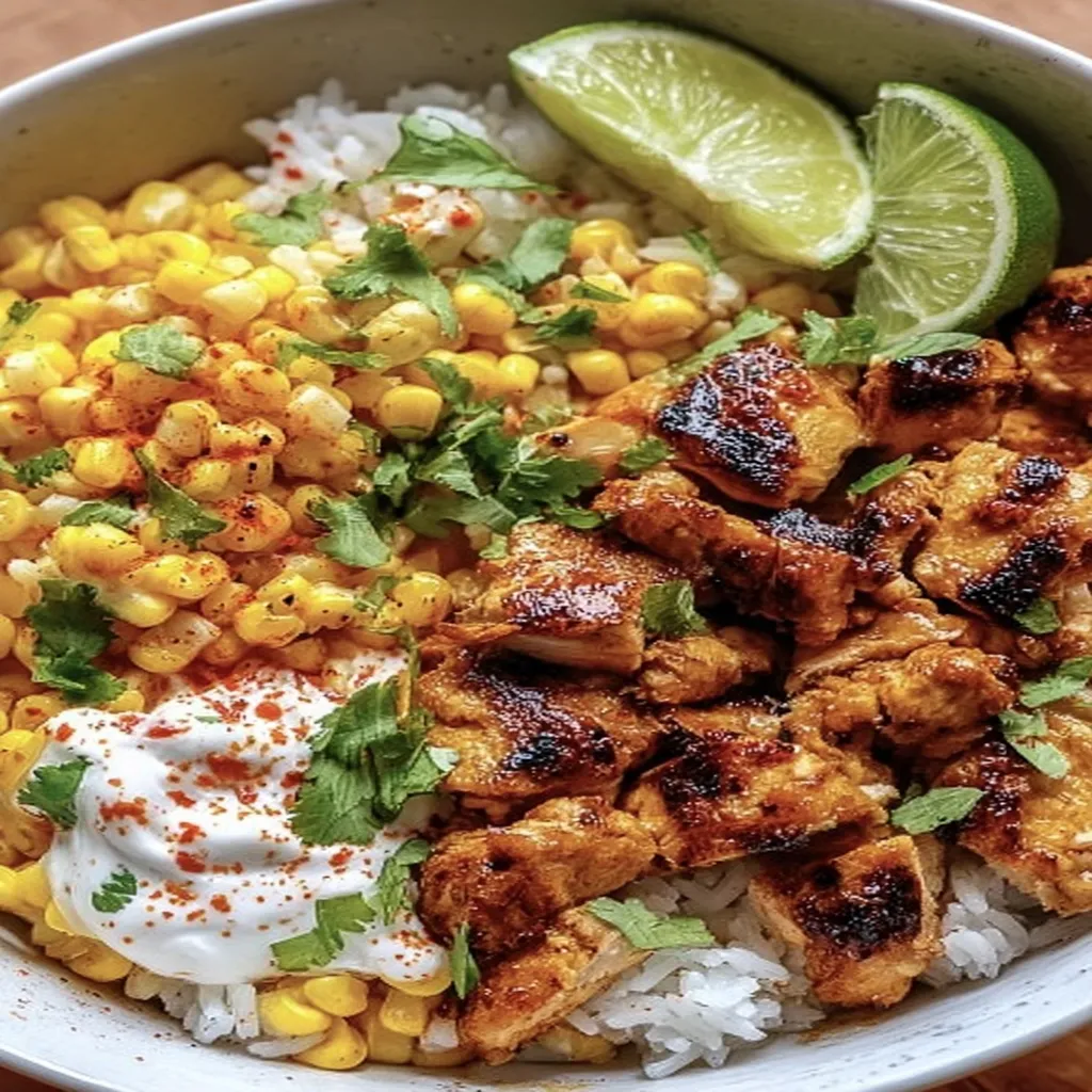 Street Corn Chicken Rice Bowl, savory, grilled corn, flavorful chicken, aromatic spices, wholesome, delicious
