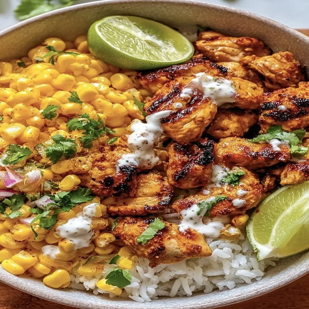 Street Corn Chicken Rice Bowl, savory, grilled corn, flavorful chicken, aromatic spices, wholesome, delicious